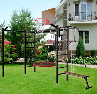 Уличная шведская стенка Sv Sport рукоход с комплектом турник прямой У5263.2К (Турник/Брусья/Скамья/Гнездо 115см/Щит баскет/Кронш бокс/Канат/кольца/лестница)